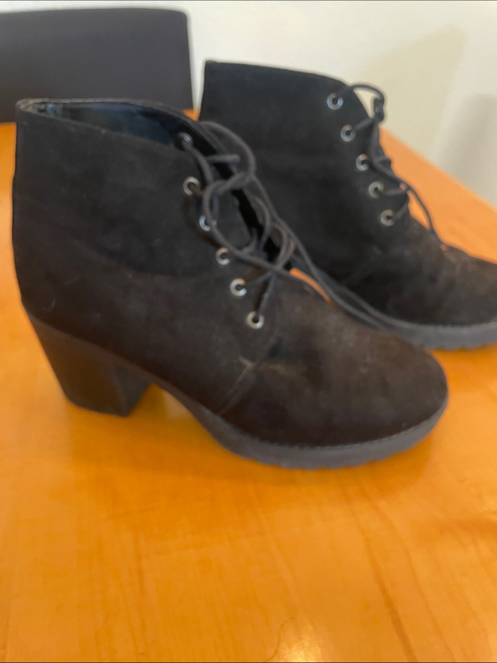 Women's Black Suede Lace-Up Chunky Heel Booties